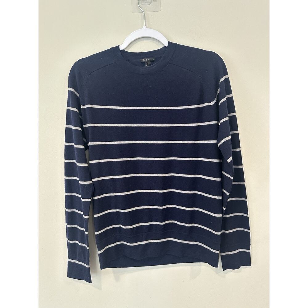 Theory Women Preppy Striped 100% Wool Crewneck Sweater Size Small 2220